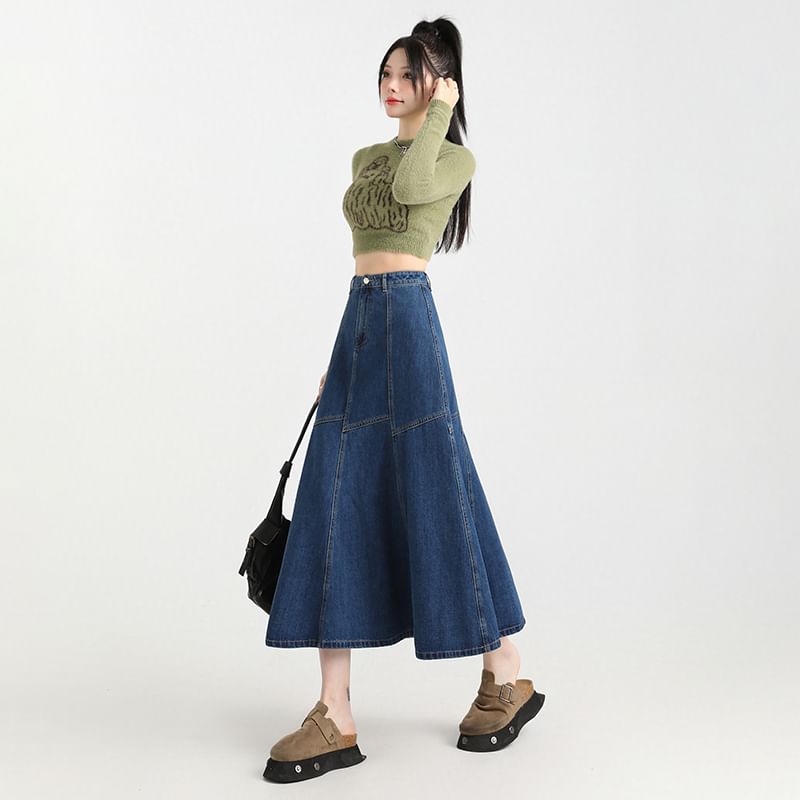 Denim Contrast Skirt A-Line High Stitching Midi Rise