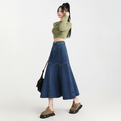 Denim Contrast Skirt A-Line High Stitching Midi Rise