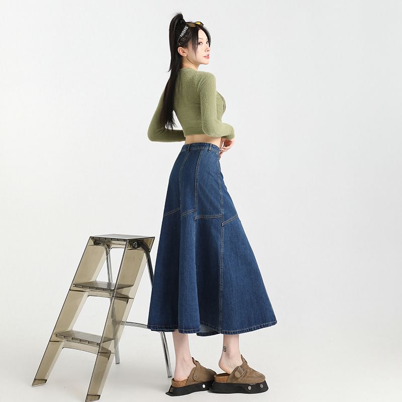 Denim Contrast Skirt A-Line High Stitching Midi Rise