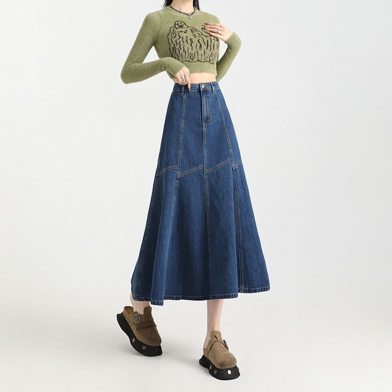Denim Contrast Skirt A-Line High Stitching Midi Rise