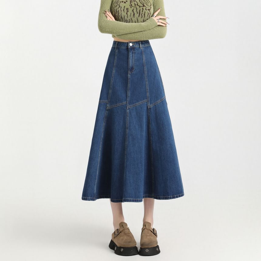 Denim Contrast Skirt A-Line High Stitching Midi Rise