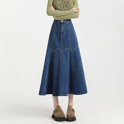Denim Contrast Skirt A-Line High Stitching Midi Rise