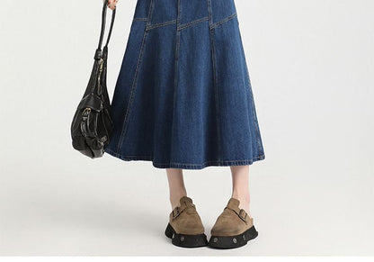 Denim Contrast Skirt A-Line High Stitching Midi Rise
