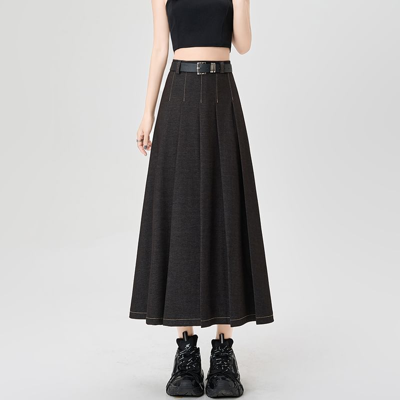 Maxi Contrast A-Line Pleated Stitching Accordion Skirt Denim High Rise