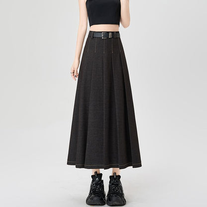 Maxi Contrast A-Line Pleated Stitching Accordion Skirt Denim High Rise