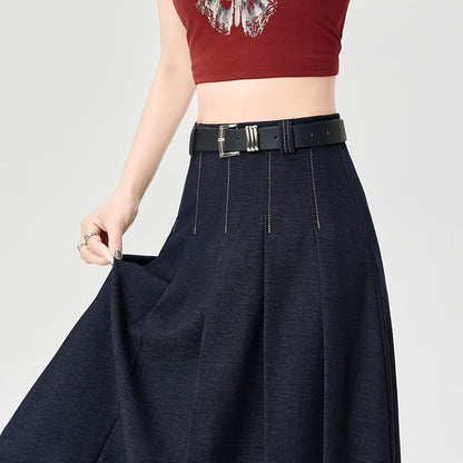 Maxi Contrast A-Line Pleated Stitching Accordion Skirt Denim High Rise