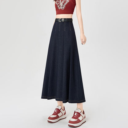 Maxi Contrast A-Line Pleated Stitching Accordion Skirt Denim High Rise