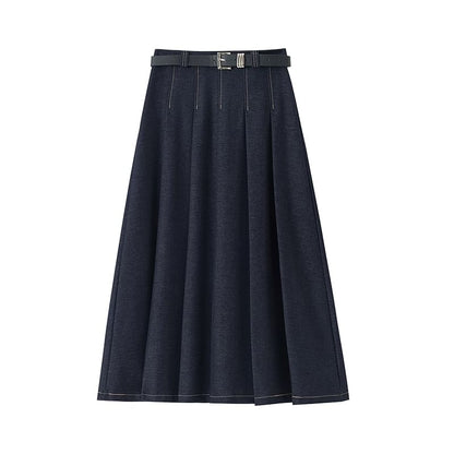 Maxi Contrast A-Line Pleated Stitching Accordion Skirt Denim High Rise