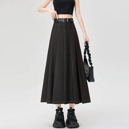 Maxi Contrast A-Line Pleated Stitching Accordion Skirt Denim High Rise