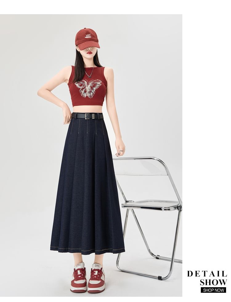 Maxi Contrast A-Line Pleated Stitching Accordion Skirt Denim High Rise
