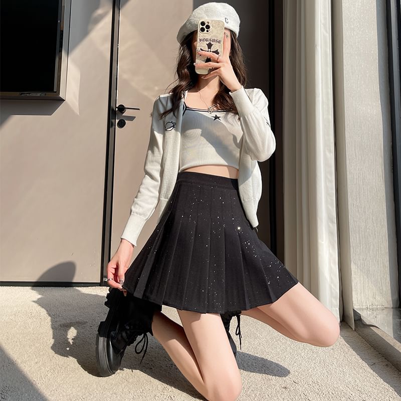 Waist Sequin Pleated Mini High A-Line Skirt