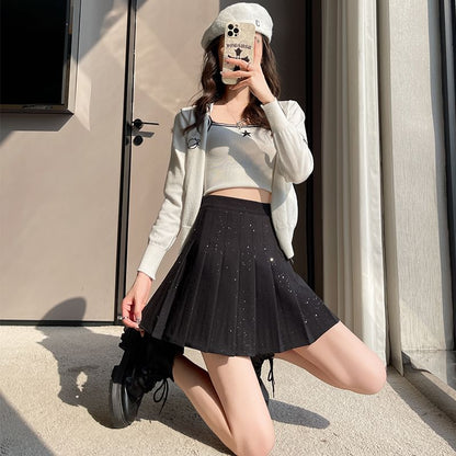 Waist Sequin Pleated Mini High A-Line Skirt