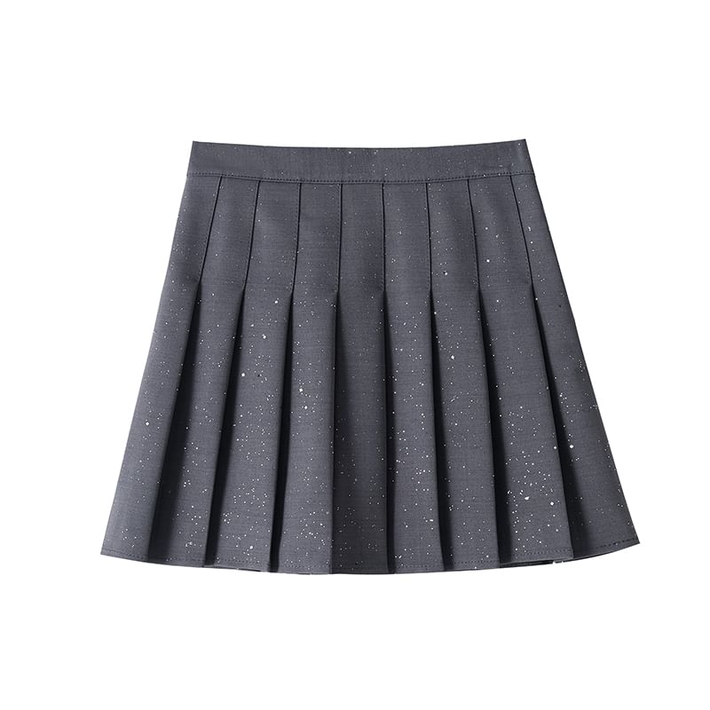 Waist Sequin Pleated Mini High A-Line Skirt