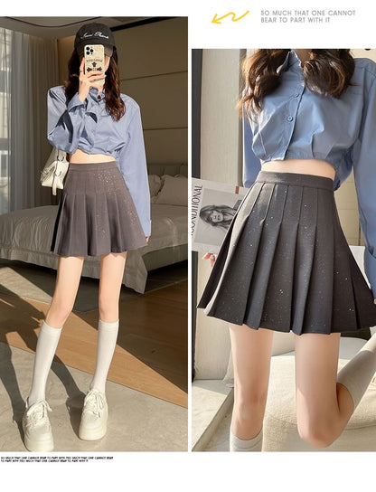 Waist Sequin Pleated Mini High A-Line Skirt