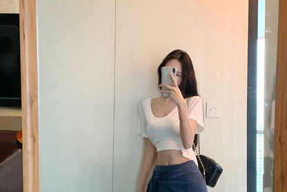 T-Shirt Pants High Shoulder Crop / Plain Overlay Off Yoga Waist Skirt Short-Sleeve