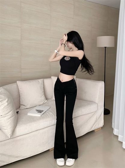 Waist Plain Pants Flared Mid