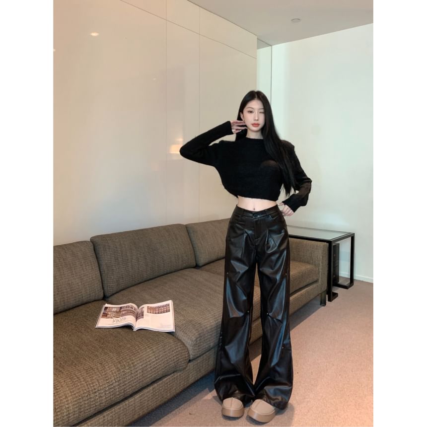 Pants Rise / Long-Sleeve Top Wide Faux Crop Neck Round Leg High Plain Leather