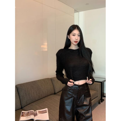 Pants Rise / Long-Sleeve Top Wide Faux Crop Neck Round Leg High Plain Leather
