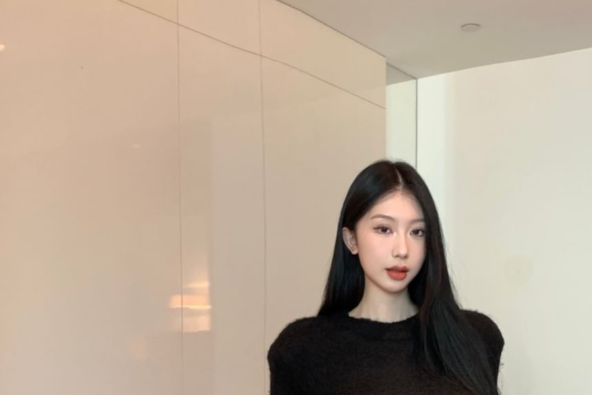 Pants Rise / Long-Sleeve Top Wide Faux Crop Neck Round Leg High Plain Leather