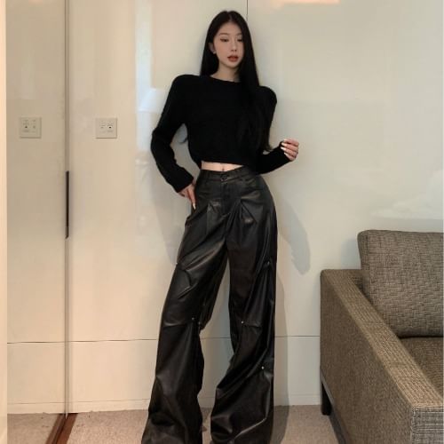 Pants Rise / Long-Sleeve Top Wide Faux Crop Neck Round Leg High Plain Leather