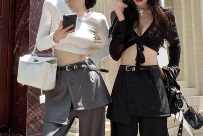 Overlay Flared Pants Skirt Waist High Plain