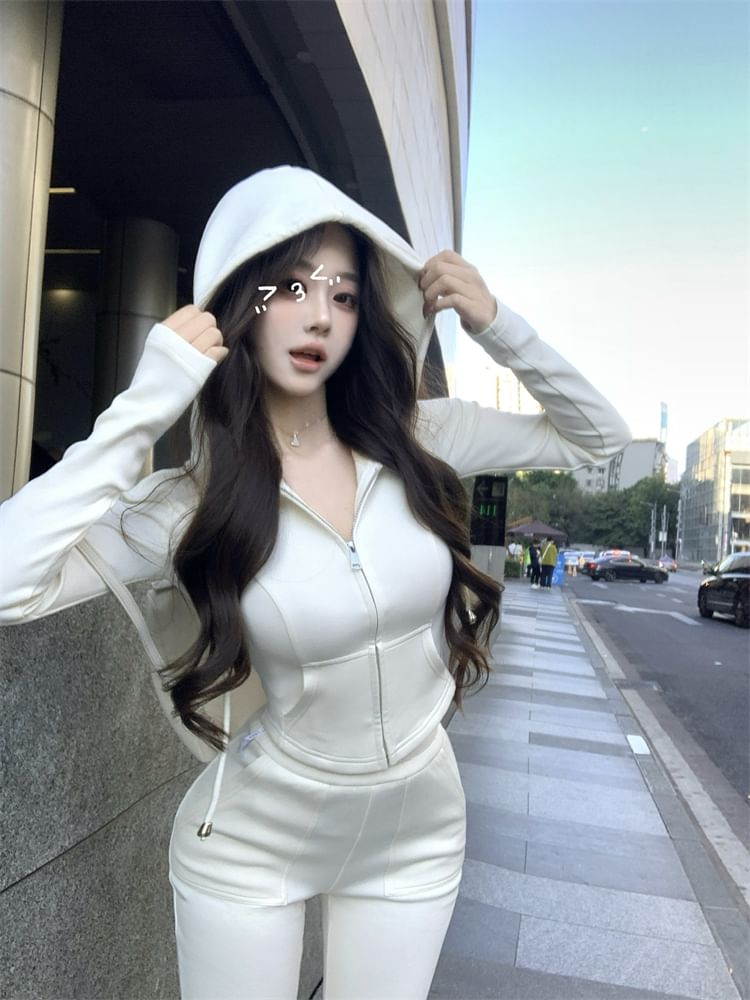 High Crop Zip Waist Flared Sweatpants / Plain Hoodie