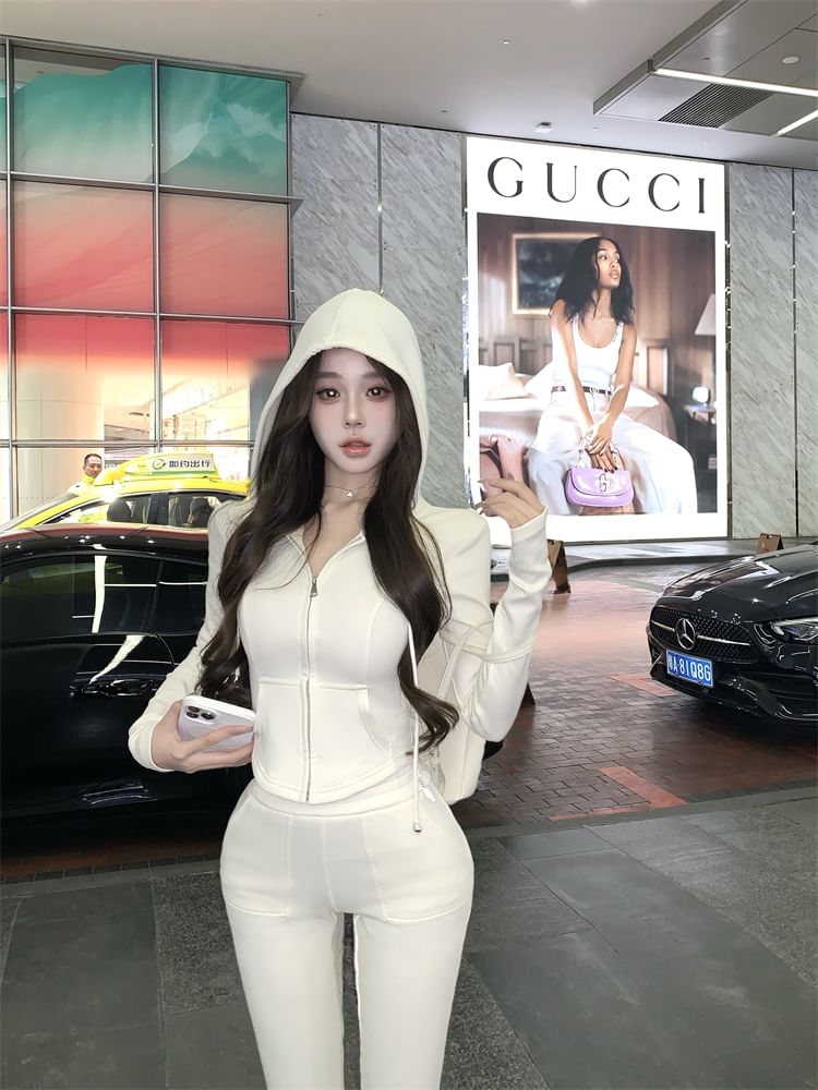 High Crop Zip Waist Flared Sweatpants / Plain Hoodie