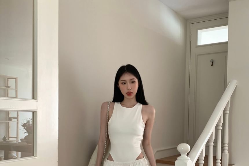 Neck Ruched Waist / Plain Pants Bodysuit Low Leg Top Sleeveless Round Wide