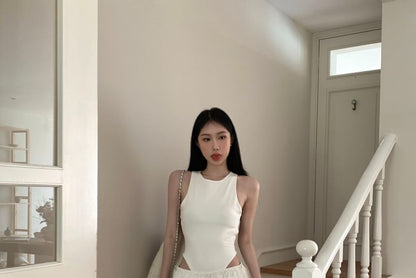 Neck Ruched Waist / Plain Pants Bodysuit Low Leg Top Sleeveless Round Wide