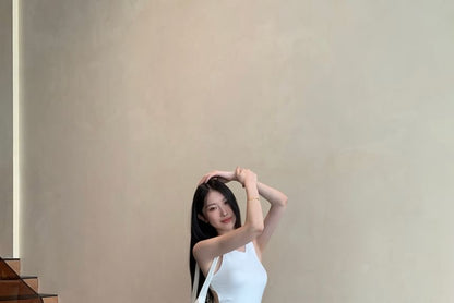 Neck Ruched Waist / Plain Pants Bodysuit Low Leg Top Sleeveless Round Wide