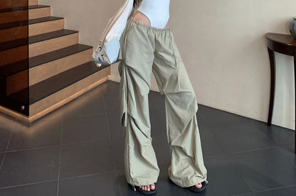 Neck Ruched Waist / Plain Pants Bodysuit Low Leg Top Sleeveless Round Wide