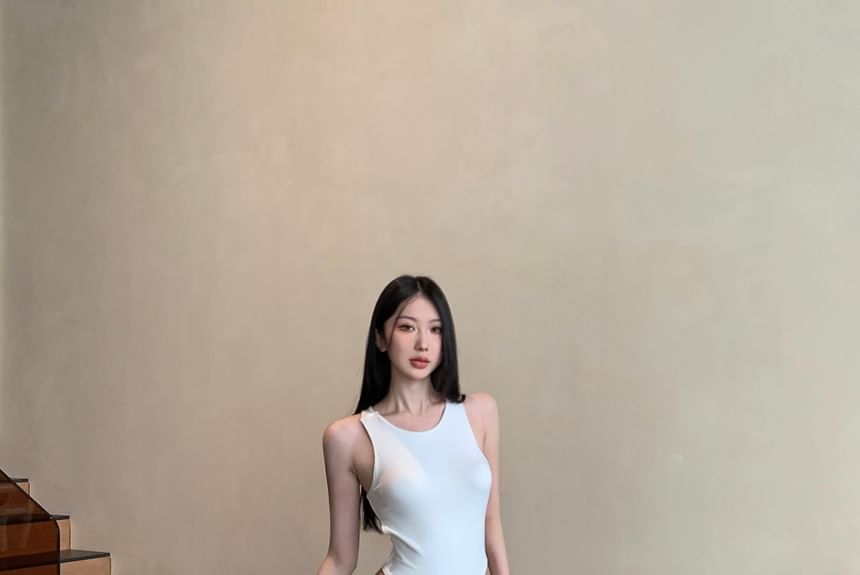 Neck Ruched Waist / Plain Pants Bodysuit Low Leg Top Sleeveless Round Wide