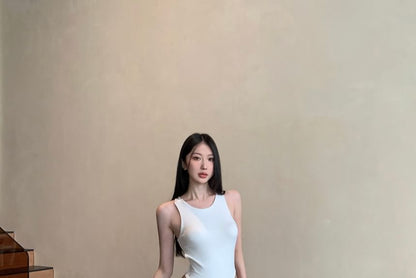 Neck Ruched Waist / Plain Pants Bodysuit Low Leg Top Sleeveless Round Wide