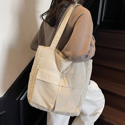 Fabric Tote Plain Bag Flap Pocket