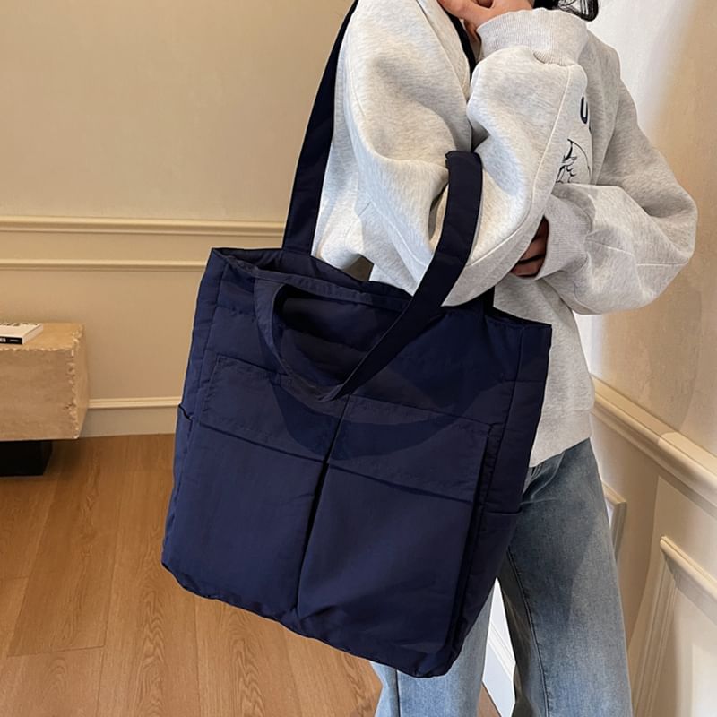 Fabric Tote Plain Bag Flap Pocket