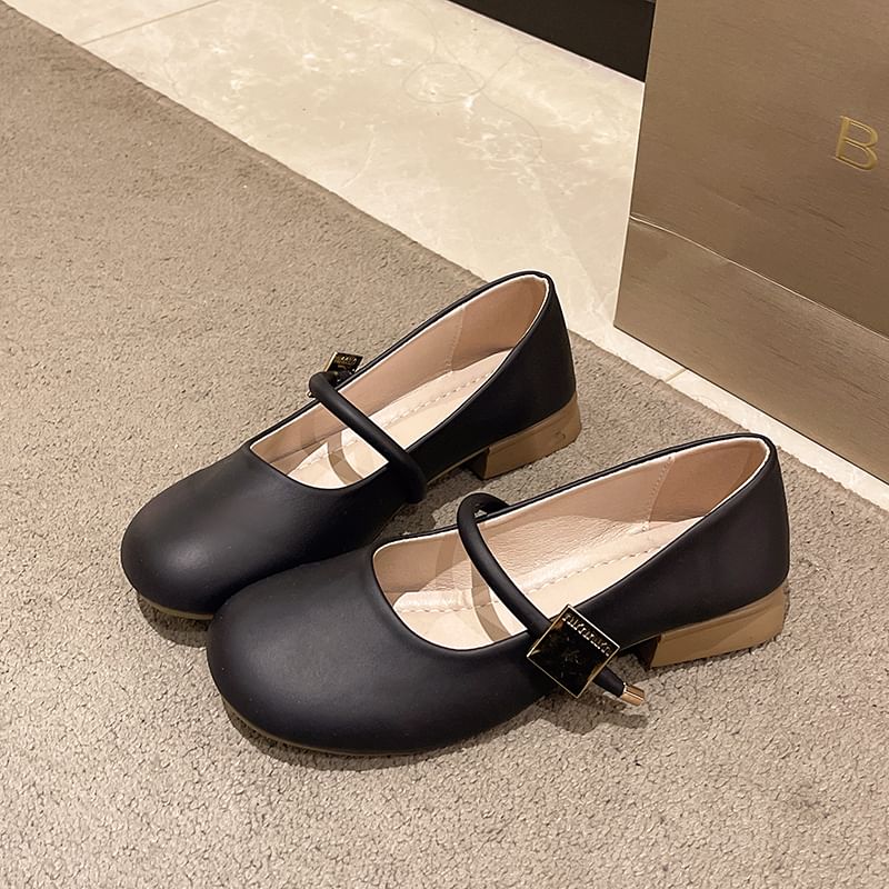 Mary Shoes Plain Jane Faux Chunky Leather Heel