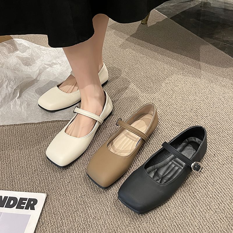 Toe Leather Mary Plain Square Jane Flats Faux