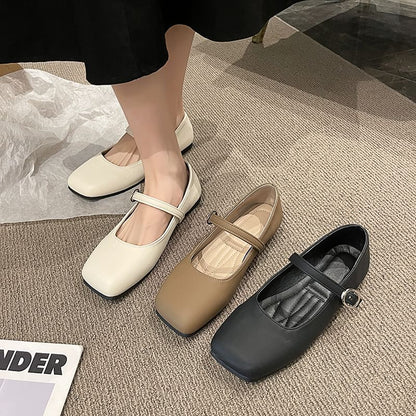 Toe Leather Mary Plain Square Jane Flats Faux