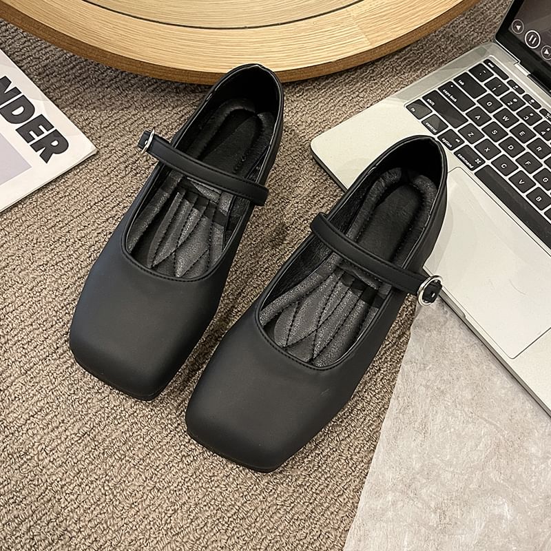 Toe Leather Mary Plain Square Jane Flats Faux