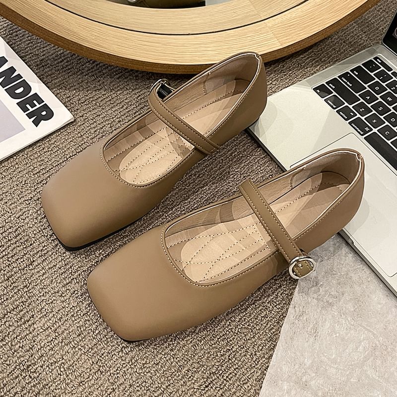 Toe Leather Mary Plain Square Jane Flats Faux
