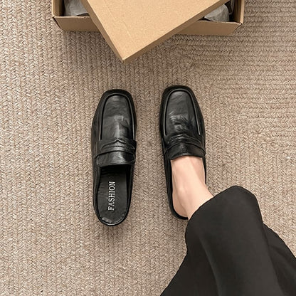 Leather Heel Faux Loafer Mules Plain Penny Chunky