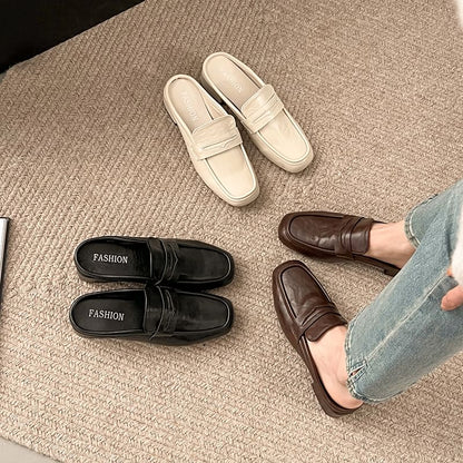 Leather Heel Faux Loafer Mules Plain Penny Chunky