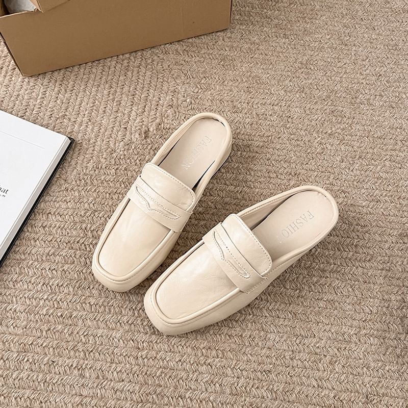 Leather Heel Faux Loafer Mules Plain Penny Chunky