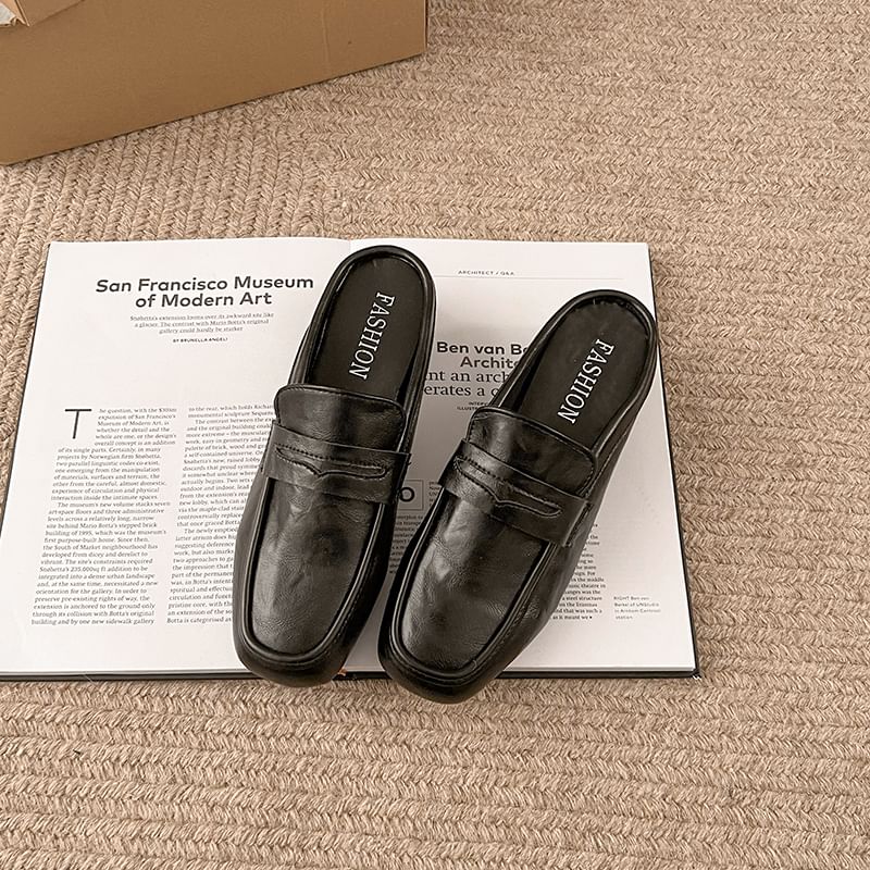 Leather Heel Faux Loafer Mules Plain Penny Chunky
