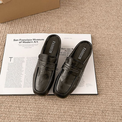 Leather Heel Faux Loafer Mules Plain Penny Chunky