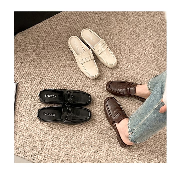 Leather Heel Faux Loafer Mules Plain Penny Chunky