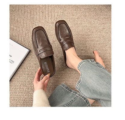 Leather Heel Faux Loafer Mules Plain Penny Chunky