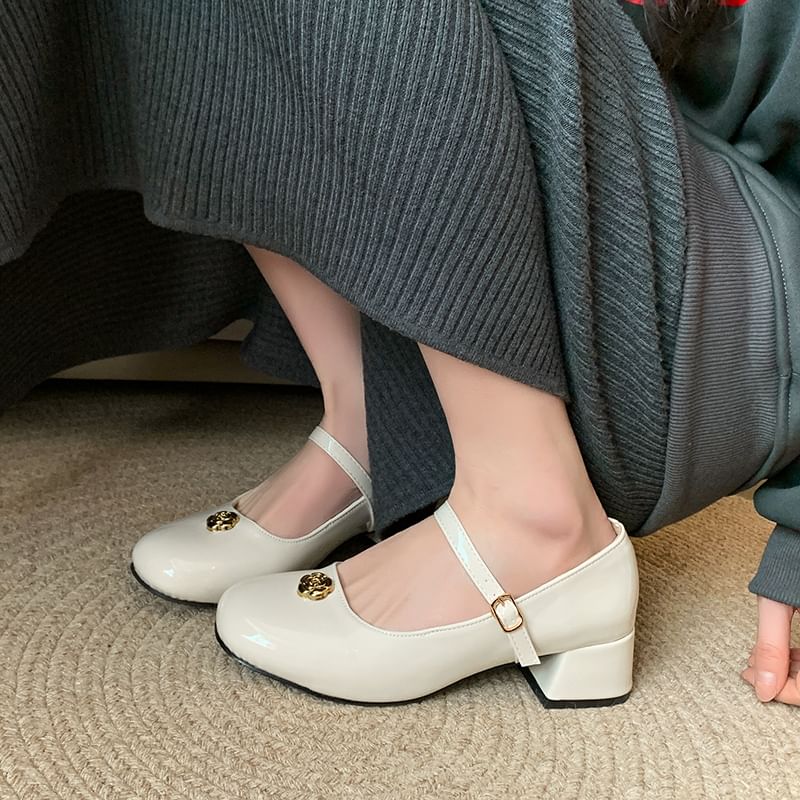 Heel Patent Leather Flower Mary Jane Chunky Pumps Accent