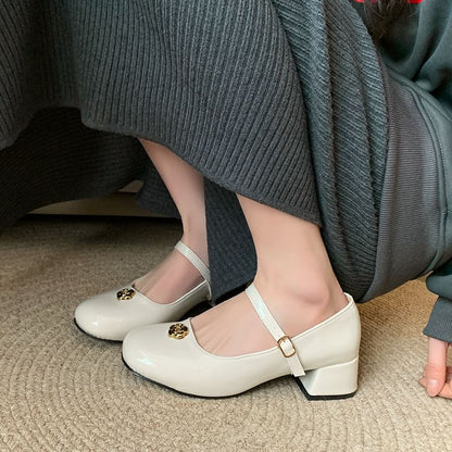 Heel Patent Leather Flower Mary Jane Chunky Pumps Accent