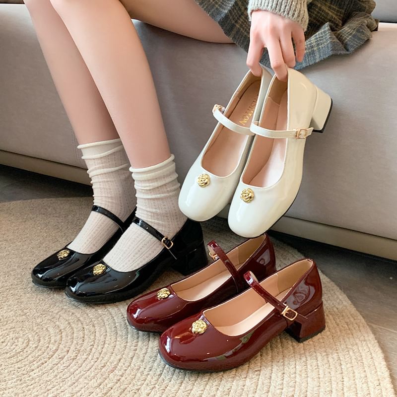 Heel Patent Leather Flower Mary Jane Chunky Pumps Accent